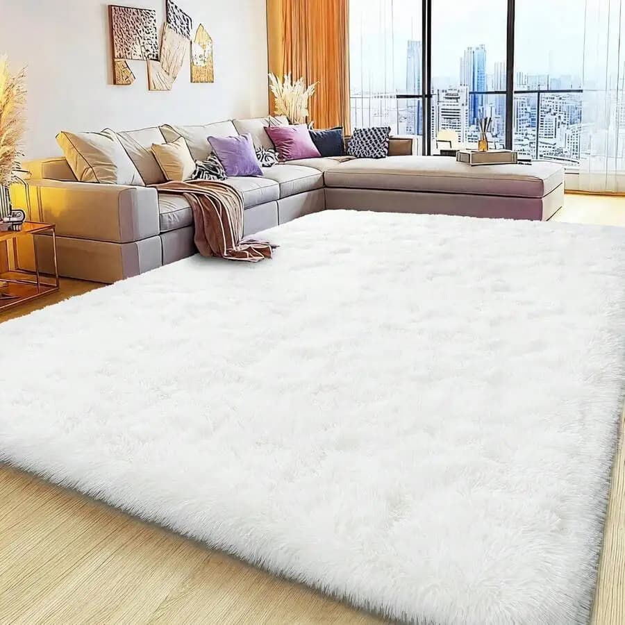 Area Rugs For Living Room, Large Fluffy Cream White Rug For Bedroom, Soft Shag Shaggy Fuzzy Carpets For Boys And Girls Dorm Room