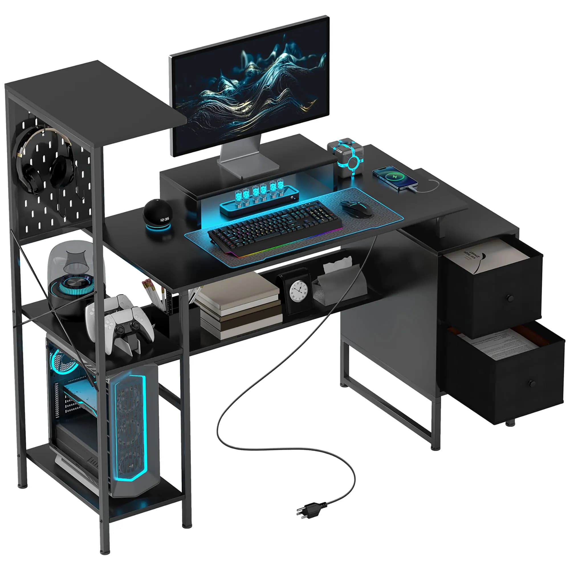 Homcom 56" Gaming Desk with Power Outlets and Led Lights, Computer Desk with Monitor Stand, Computer Table with 2 Cpu Stands, Storage Shelves, Fabric Drawers and Pegboard for Home Office, Black
