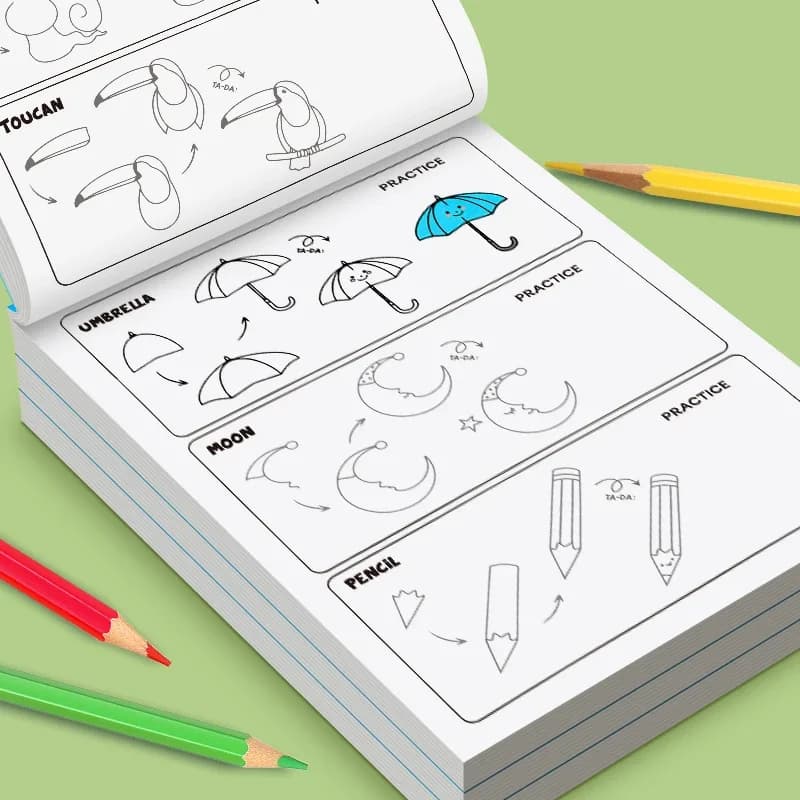 Fun Drawing Book Simple 4-step Tutorial on How To Complete Drawing 96 Cartoon Patterns Interactive Coloring Activity Book