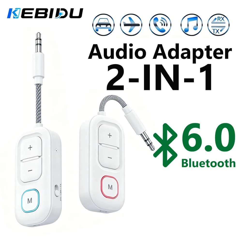 KEBIDU Bluetooth 6.0 Audio Transmitter Receiver 3.5mm AUX Jack Airplane Wireless Audio Adapter With Mic For TV PC Headphone Kit