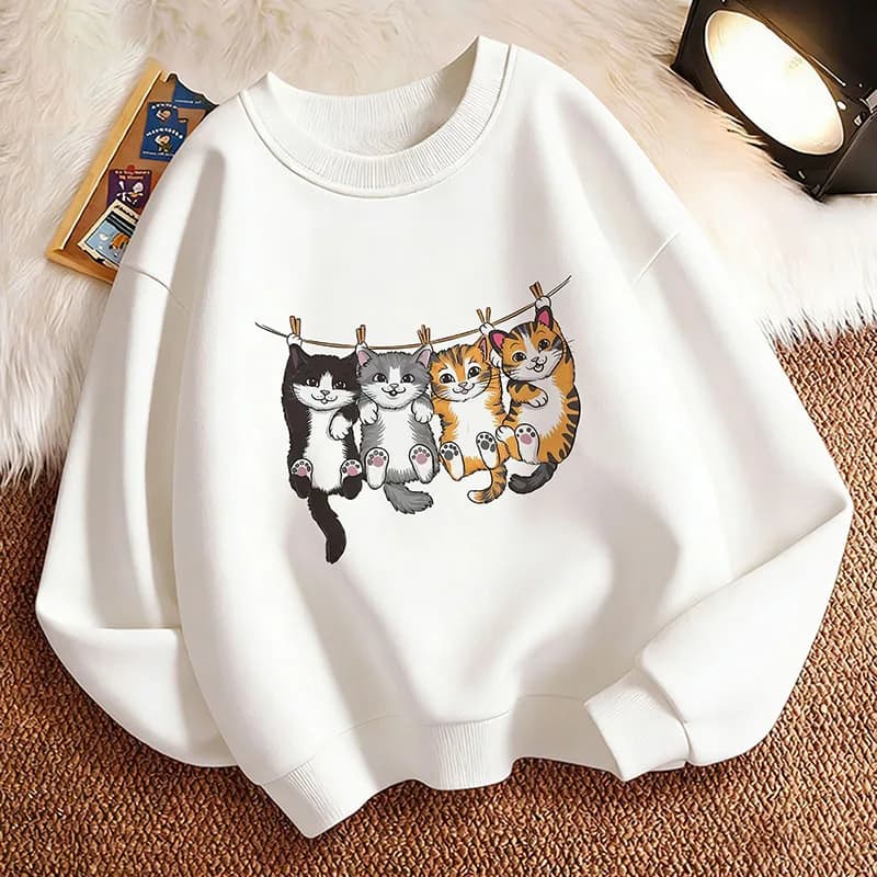 Kawaii Children's Sweatshirt Pullover Spring Funny Climb Cat Design Crew Neck Graphic Print Hoodie Boy/Girl Kids Hoody