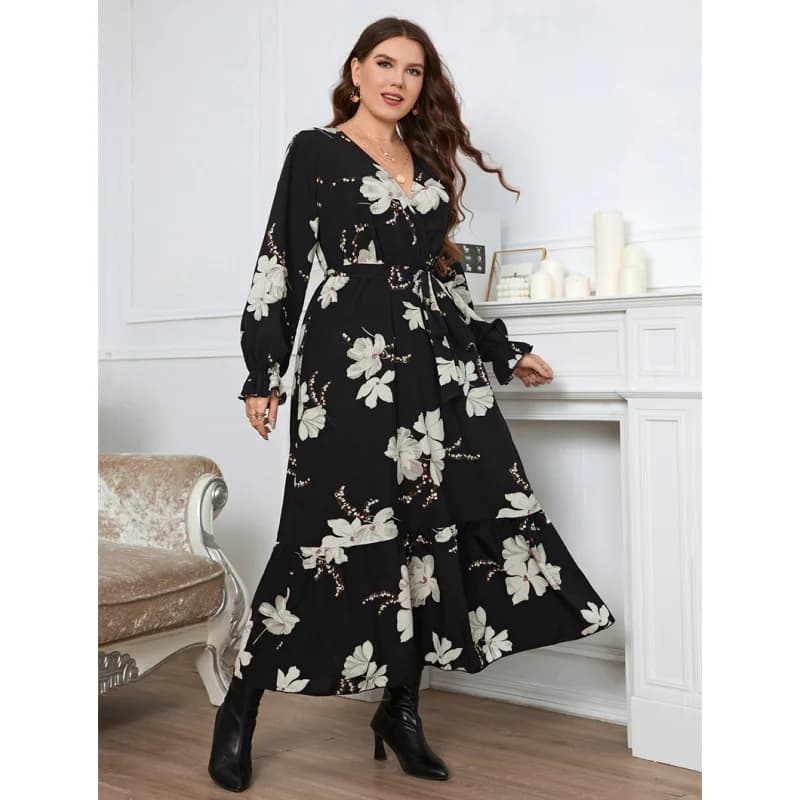 Casual plus Size Print Long Dress XL4XL Women Street Style Loose Fit Skirt with Tie Dye Floral Pattern mid Waist Autumn Winter