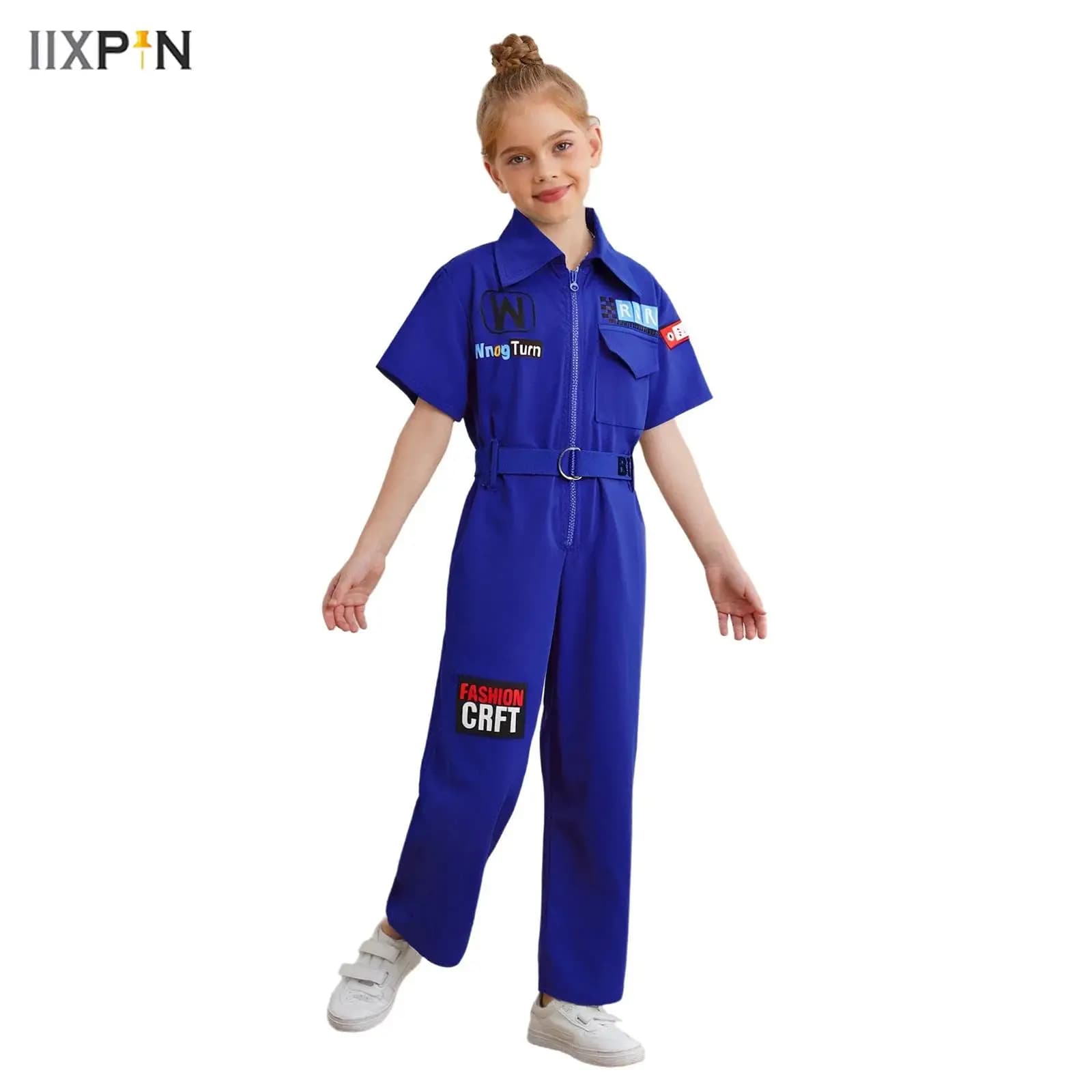 Bambini Ragazzi Ragazze Hip-Hop Street Dance Outfit Lettera stampata Tuta Colletto rovesciato Tasche a maniche corte Tute con cintura