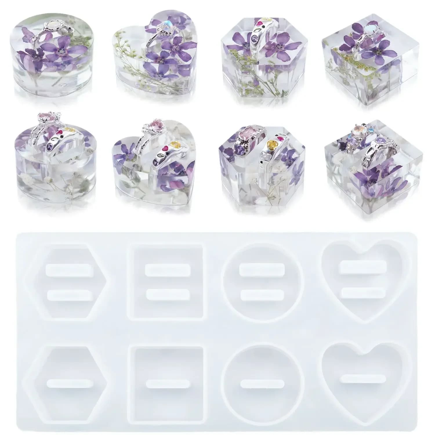 Supporto per anello fai-da-te Stampo in resina epossidica di cristallo Stampo in silicone per specchio di supporto per anello d'amore rotondo esagonale