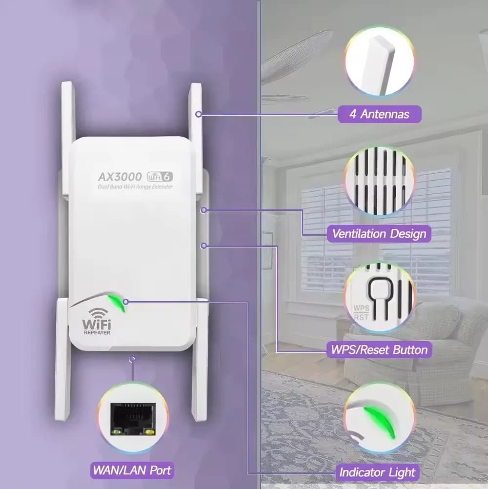 Ripetitore WiFi 5G Amplificatore Wi-Fi Segnale Extender Wi-Fi Rete Dual Band 3000Mbps Ripetitore a lungo raggio 5 Ghz
