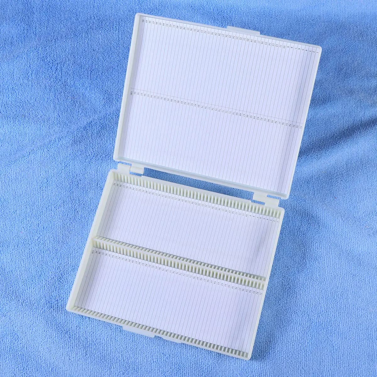 Storage box for 100 microscope slides, laboratory organizer, white color