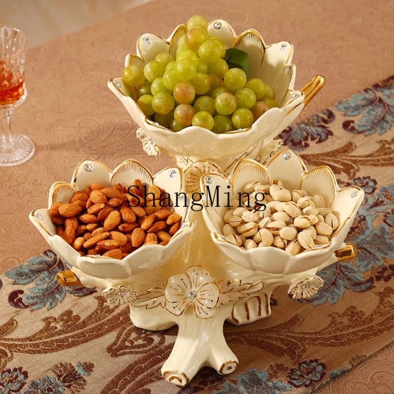 ZYY piatto di frutta in ceramica a doppio strato piatto di snack moderno e creativo per soggiorno piatto di caramelle di frutta secca multistrato