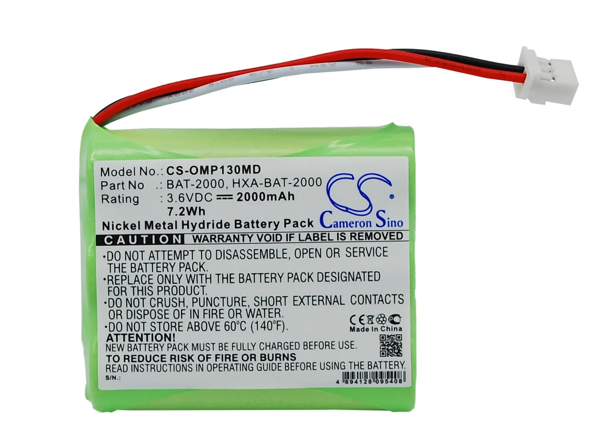Ni-MH medical battery for OMRON, 3.6 V, 2000 mAh, Compatible models: blood pressure monitor HBP-1300, HBP-1320