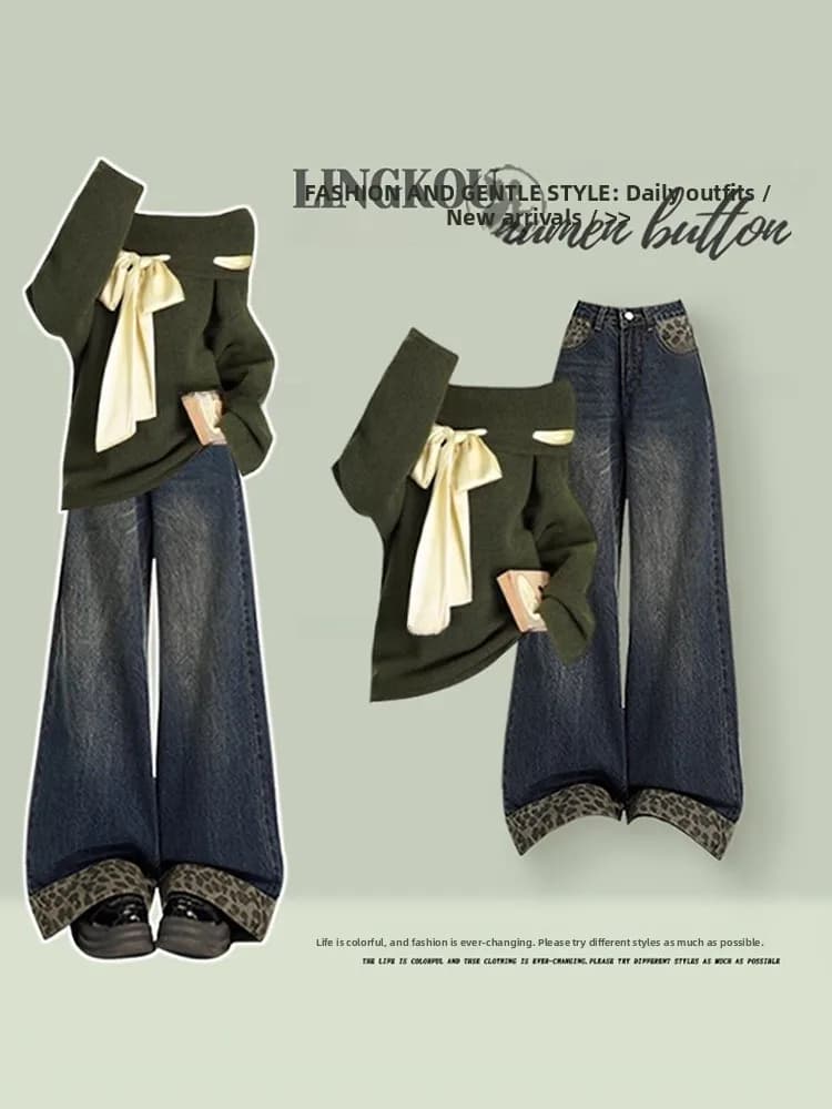 Anti-Aging Large Size Knitted Sweater Set with Knot And Leopard Print Retro Jeans High Waist Long Sleeve V-Neck Cas...