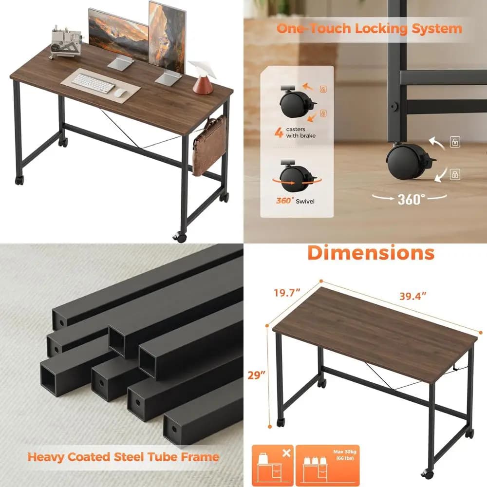 Scrivania Compatta con Rotelle per Gaming e Home Office, Ideale per Piccoli Spazi e Studio