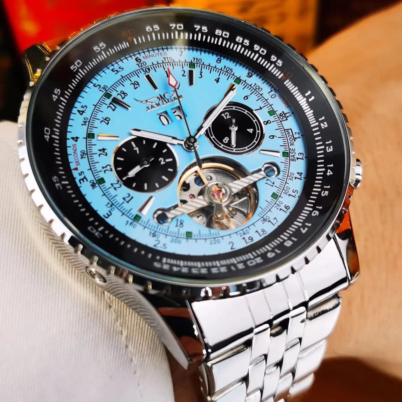 Orologio Sportivo Tourbillon JARAGAR per Uomo con Display Data, Calendario, Cinturino in Acciaio e Pelle, Orologio Meccanico Automatico di Lusso alla Moda