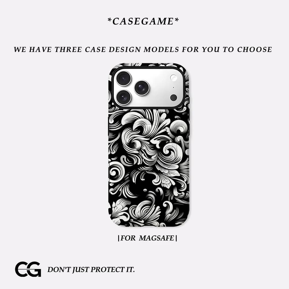 Casegame Matte Bumper per Custodia MagSafe per iPhone 17 16 15 Plus 13 Pro Max Antiurto Rigida in PC Nero Bianco con Ornamento a Spirale