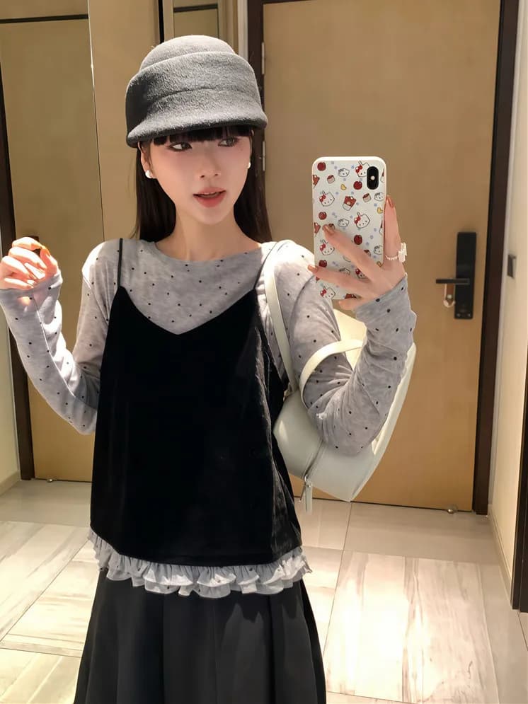 Completo estivo Kumikumi in velluto sottile da donna con stampa venature del legno, maglia a maniche lunghe girocollo e pantaloni, due pezzi, ideale per il commuting