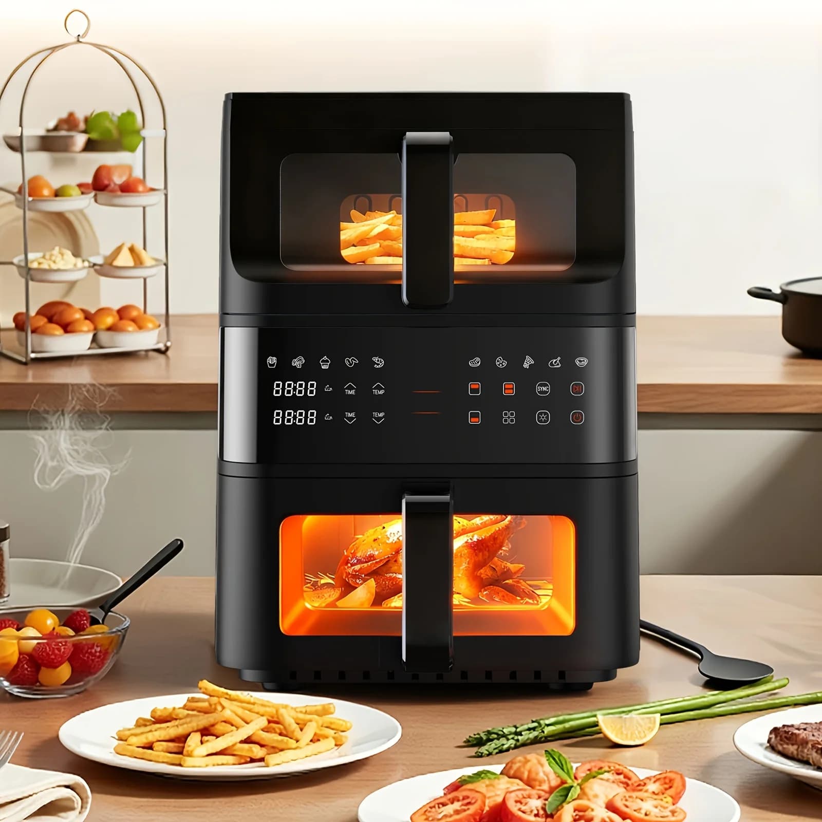 Friggitrice ad Aria con Doppio Cestello da 11QT, Forno Multifunzione 10-in-1 con Circolazione d'Aria Calda 3D, Touchscreen LED, Cestelli Antiaderenti