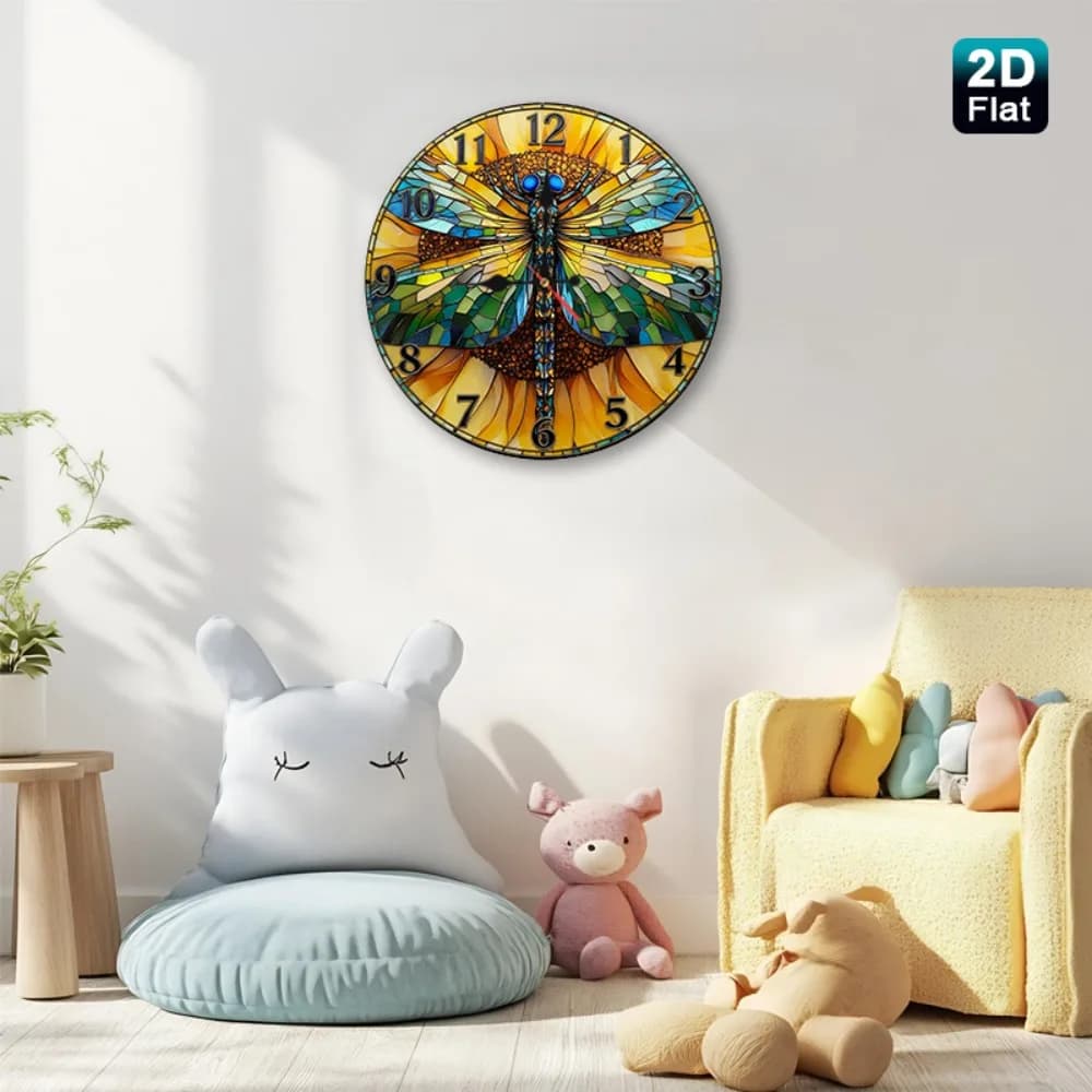 Orologio da Parete 2D in Legno con Design di Libellula in Vetro Colorato, Ideale per Aggiungere un Tocco di Arte Ispirata alla Natura al Tuo