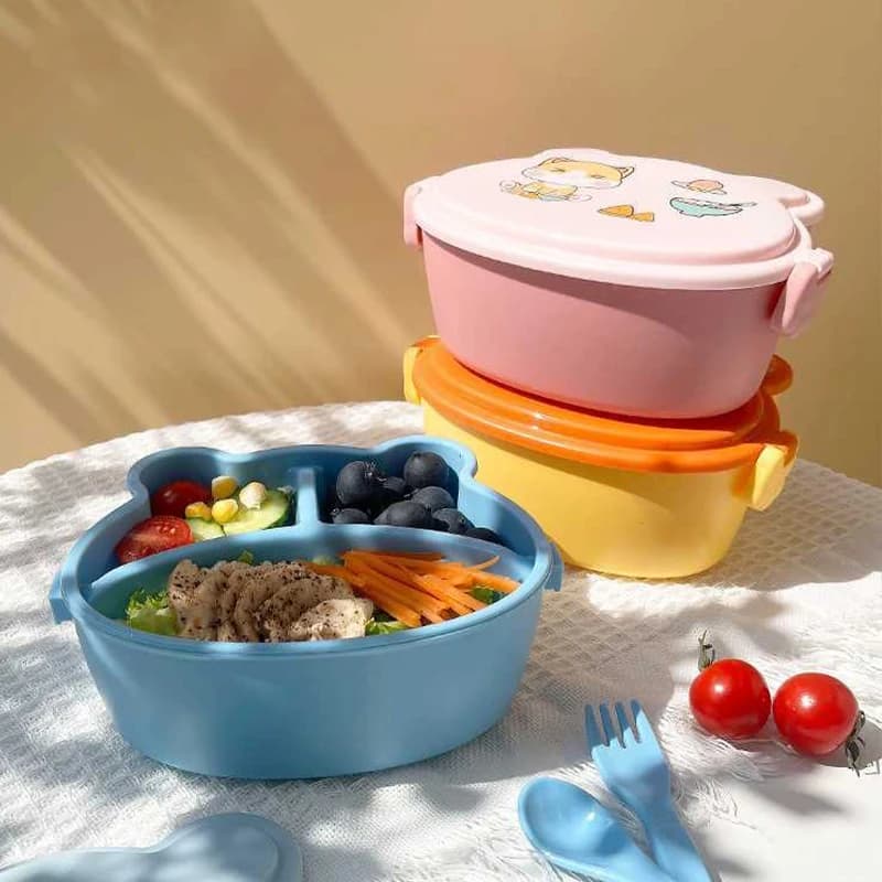 Simpatico contenitore per il pranzo a forma di gatto contenitore per alimenti a doppio strato con forchetta e cucchiaio microonde per bambini Bento Box