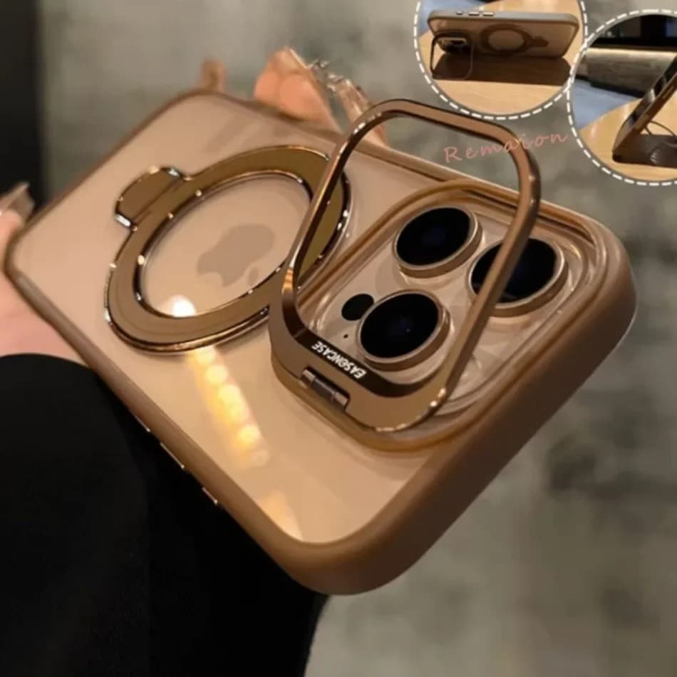 Luxury Ring Magnetic Glass Lens Stand Phone Case for iPhone 12 13 14 15 16 17 pro Max plus Funda For Magsafe Clear Protect Cover