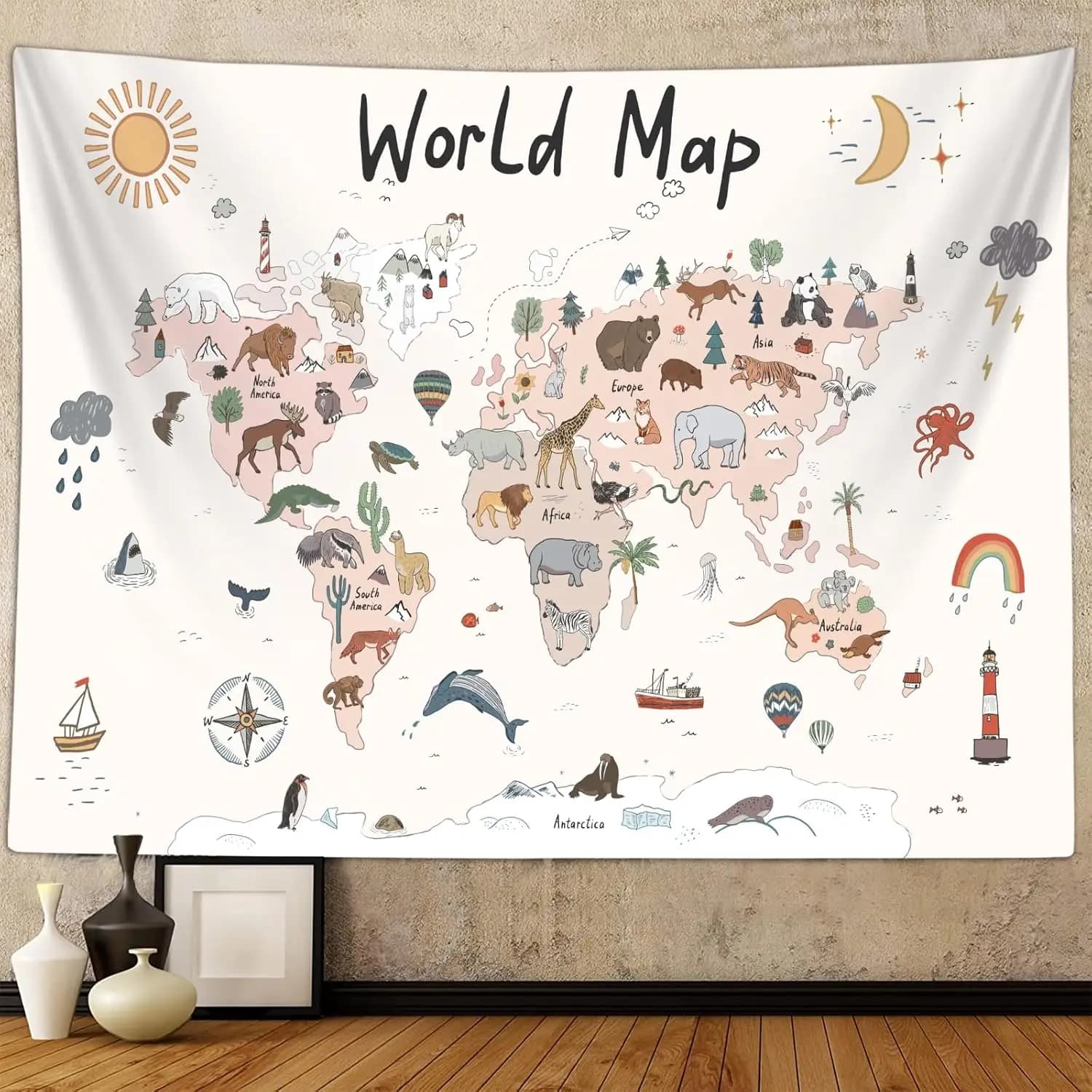 World Map for Kids Tapestry, Cute Cartoon Animals Map Classroom Art Tapestries Wall Hanging for Boys Bedroom College Dorm Living
