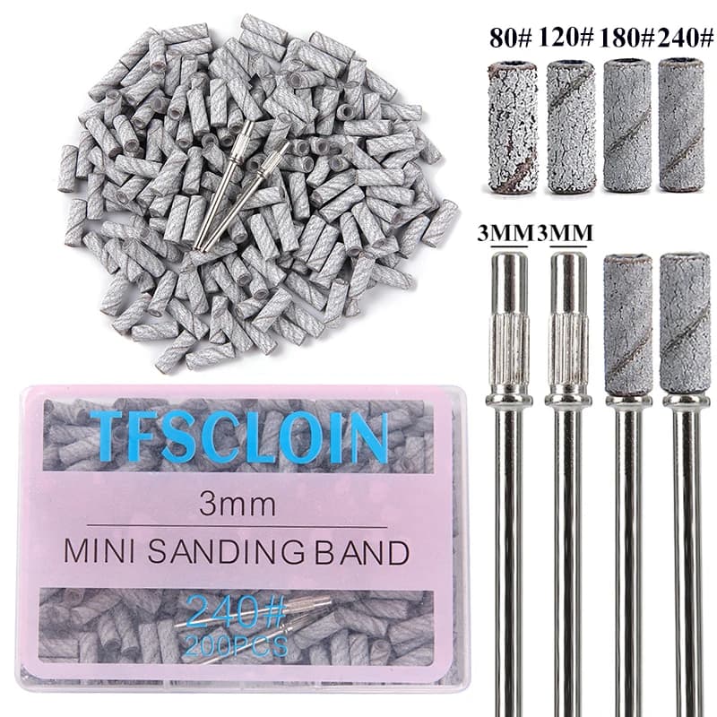 200 Pezzi Mini Bande Abrasive per Unghie da 3mm con Set di 2 Mandrini, Grana 80/120/180/240, Accessori Elettrici per Manicure, Strumento per Rimuovere la Pelle Morta