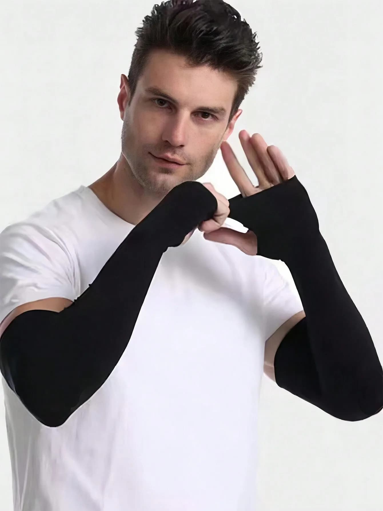 1 paio di guanti protettivi solari tinta unita e maniche in seta ghiaccio per ciclismo all'aperto, maniche lunghe elastiche in nylon effetto seta latte, guanti bianchi, scaldabraccia, accessori autunnali, costumi di Halloween, maniche nere, regali per uomo
