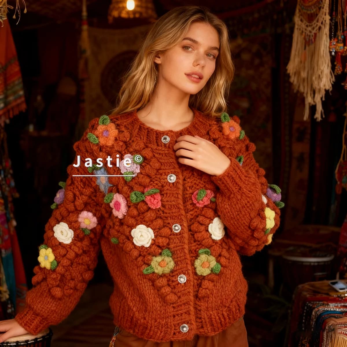 Sweet Cardigan Sweater Women Autumn/winter Style Bohemian Floral Round Neck Long Sleeves Single-breasted Loose Knit Cardigan