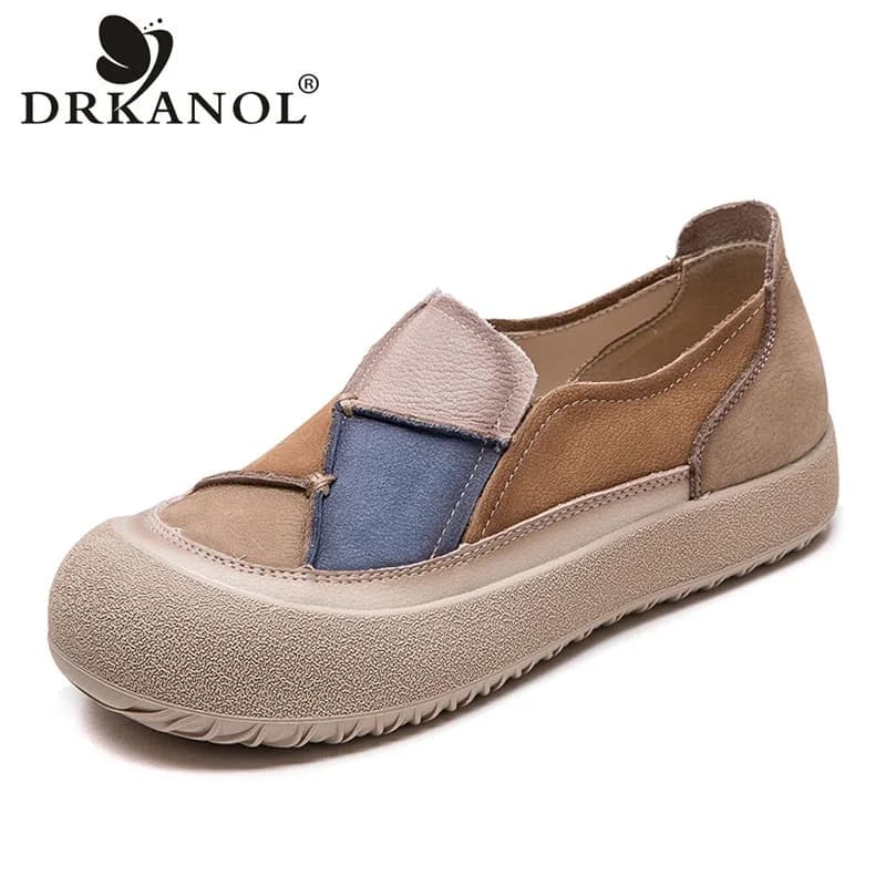 DRKANOL 2026 Donne della Molla Slip On Mocassini Scarpe Con Piattaforma Piatta Colori Misti Patch In Vera Pelle Punta Rotonda Casual Singoli Scarpe