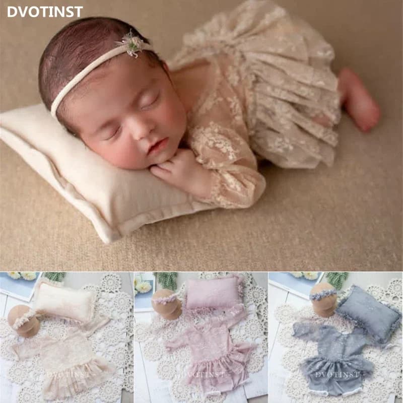 Newborn Photography Props for Baby Girl Lace Outfits Bodysuit Headband Pillow Clothes Fotografia Accessories Studio Photo Props