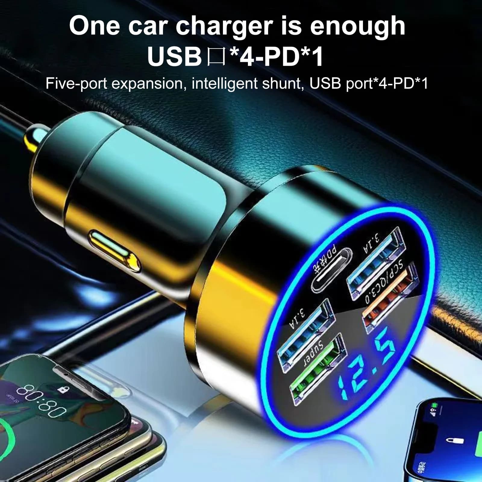 Adattatore di Ricarica Rapida 250W con 4 Porte USB, Caricabatterie per Auto Tipo C PD per Vari Smartphone, Presa di Conversione per Auto con Ricarica Super Veloce 250W