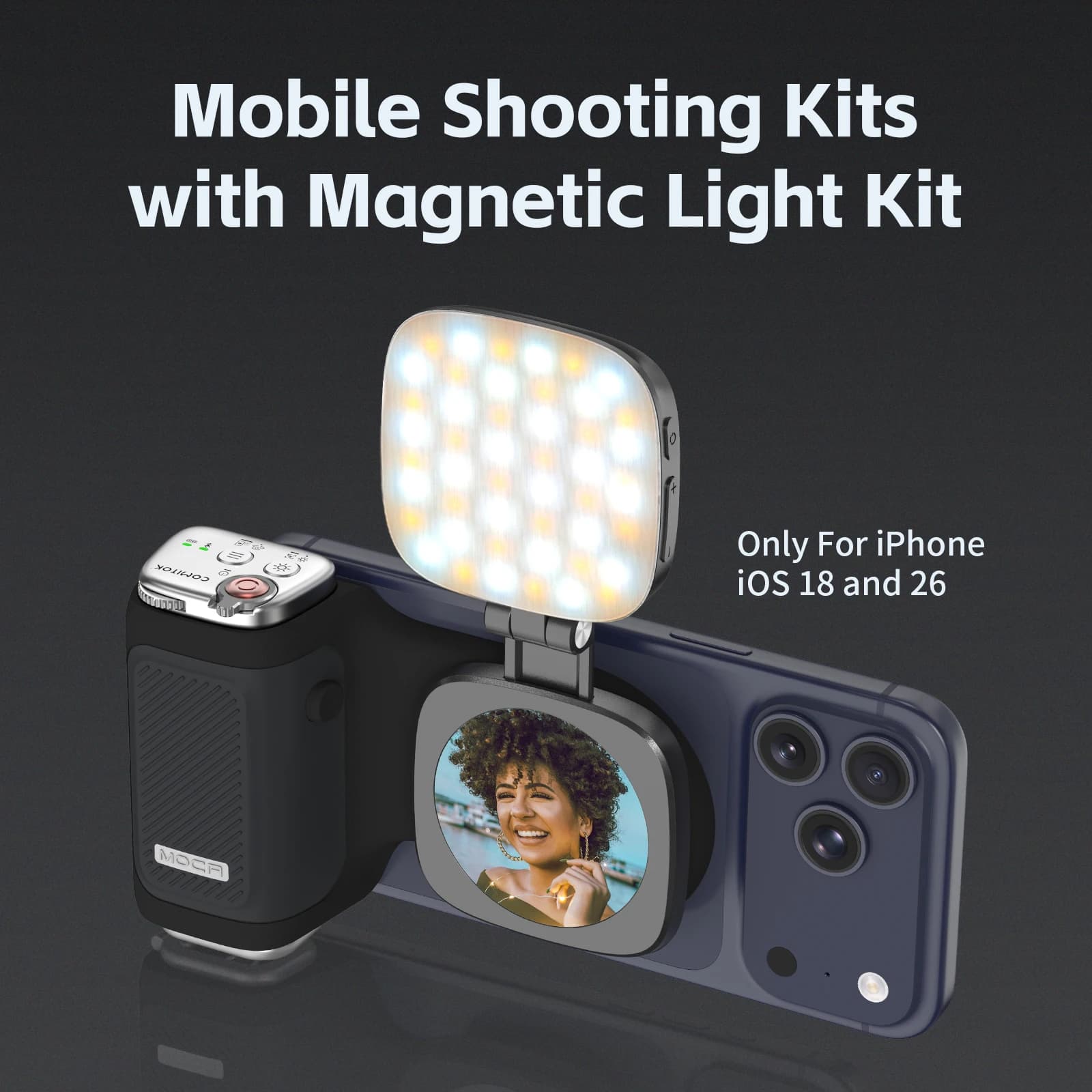 COMITOK MOCA Selfie Booster for iPhone Pro, ergonomic handle, DSLR/rechargeable remote control + optional mirror/fill light