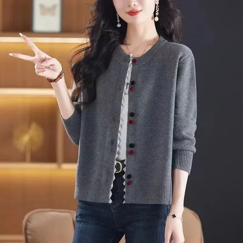 Female Long Sleeved Splicing Lace Knitted Korean Lady Round Neck Knitting Tops Autumn Women Fashion Solid Color Cardigan Sweater