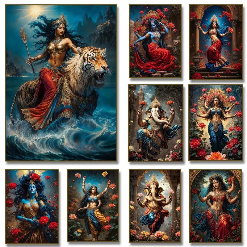 Modern Indian Goddess Lakshmi in Lotus Garden Lord Shiva Buddha Canvas Painting Poster Prints Home Bedroom Living Room Decor