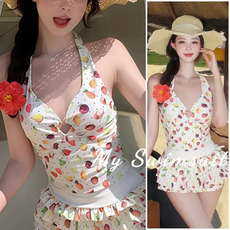 Women's 2 Piece Fruit Print Halter Bikini Set Backless Cute Ruffle Hem Swimsuit Summer Beachwear