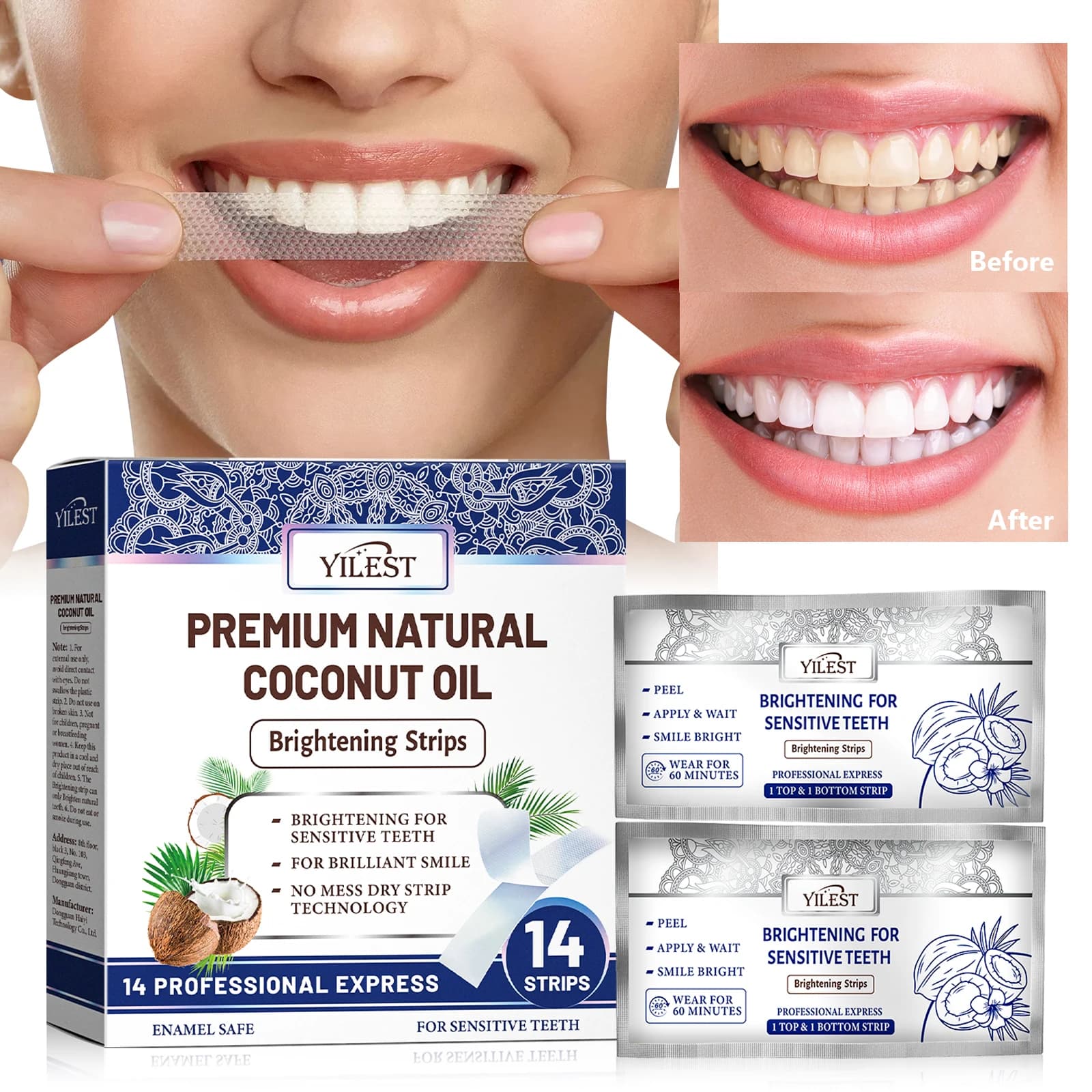Strisce sbiancanti per denti 14 pezzi Sollievo detergente Gonfiore Impiallacciature per denti finti Adesivi sbiancanti Igiene orale Patch sbiancante dentale