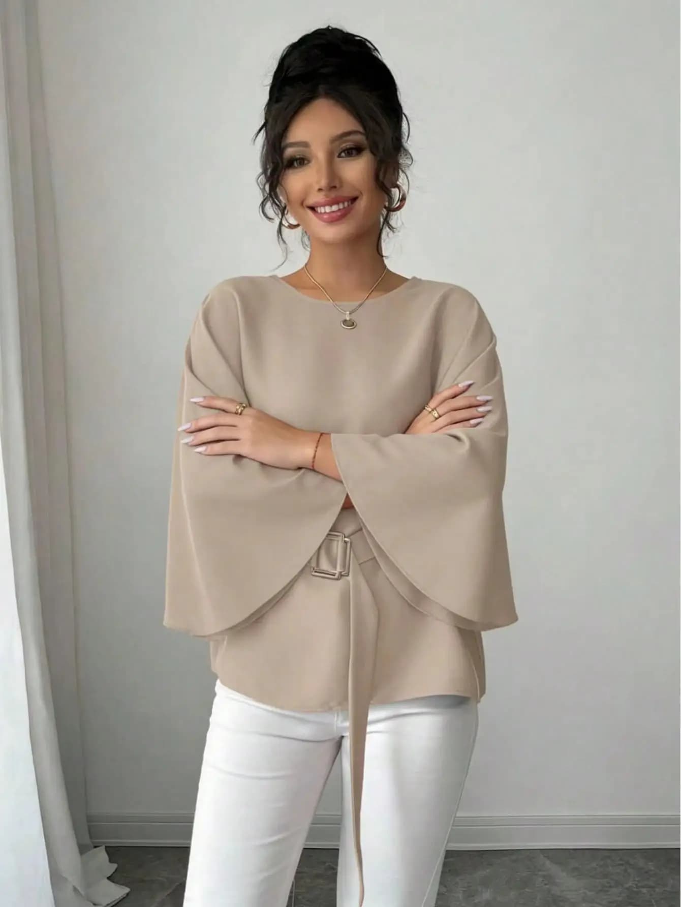Round Neck Batwing Sleeve Tunic Top Adjustable Square Buckle Self Fabric Belt Loose Flowy Waist Cinch Office Blouse