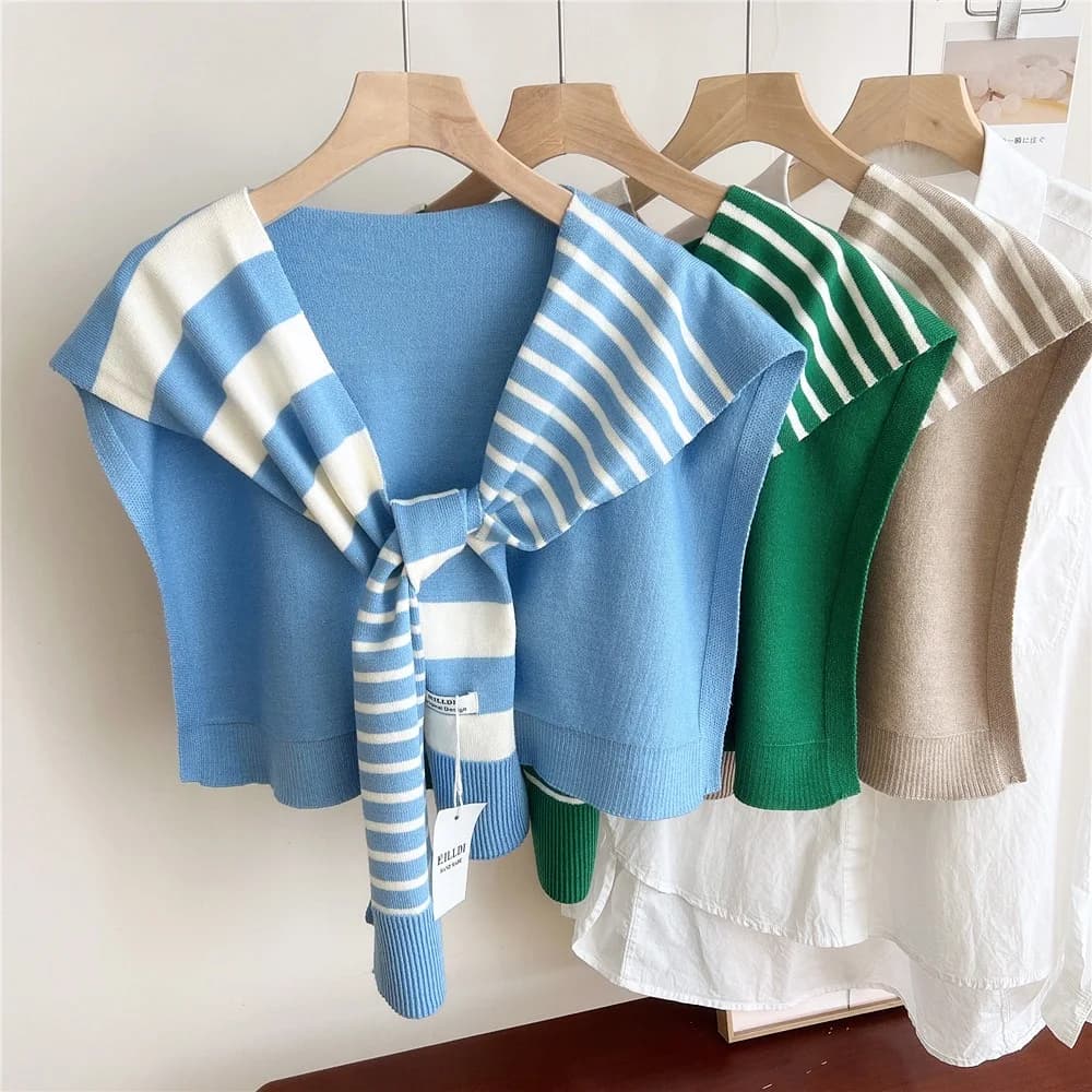 Sciarpa coreana a righe in maglia, scialle estivo per aria condizionata, collo a scialle finto, protezione per il collo, mantella sottile annodata, sciarpa a spalla per donna
