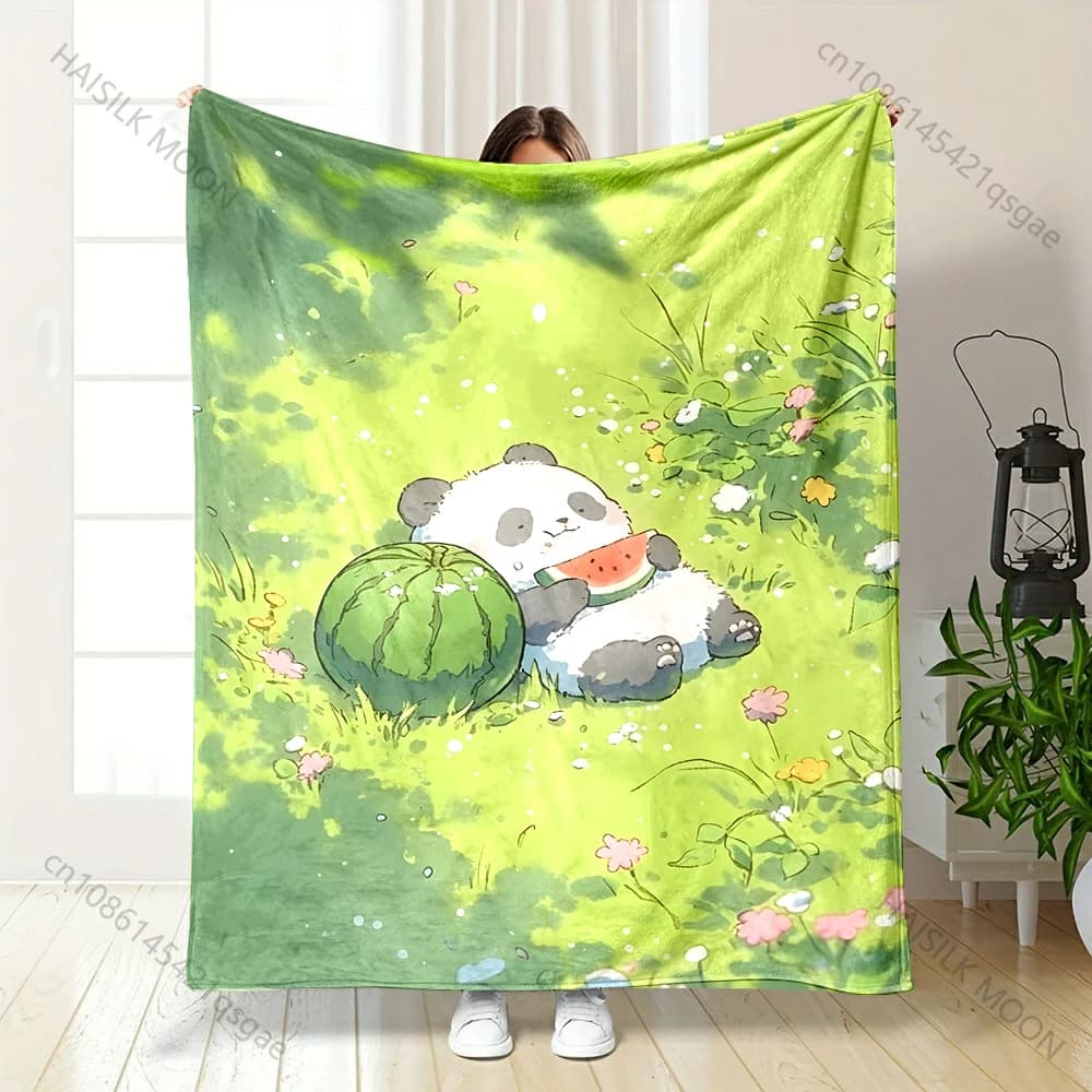 Coperta con stampa MulPanda che mangia anguria sull'erba, calda e morbida, adatta a tutte le stagioni, per la casa, il divano, i viaggi, il campeggio, i picnic, il camper