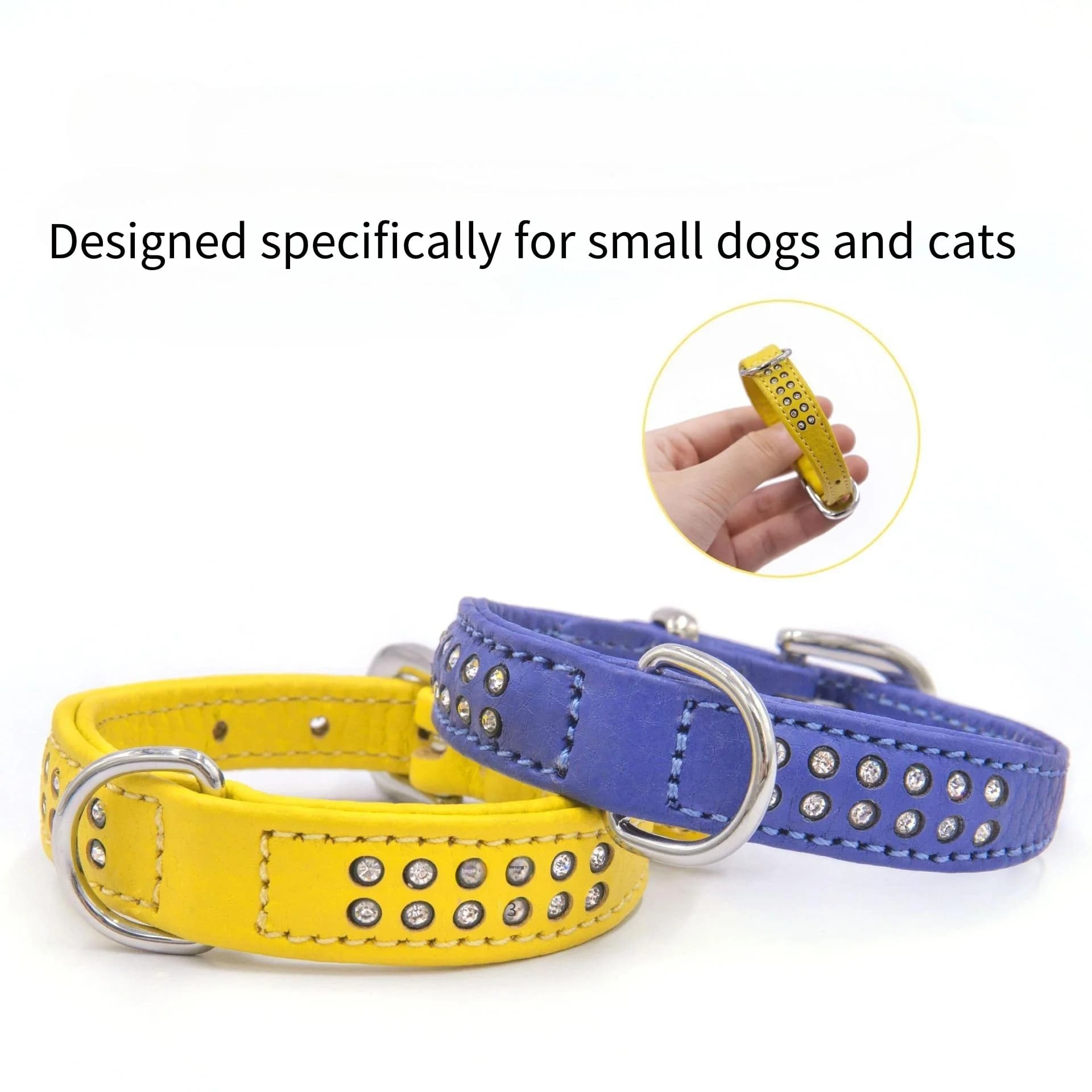 Collare per animali domestici in doppia pelle Collare per gatti con strass di diamanti Collare per cani di piccola taglia in pelle di vacchetta