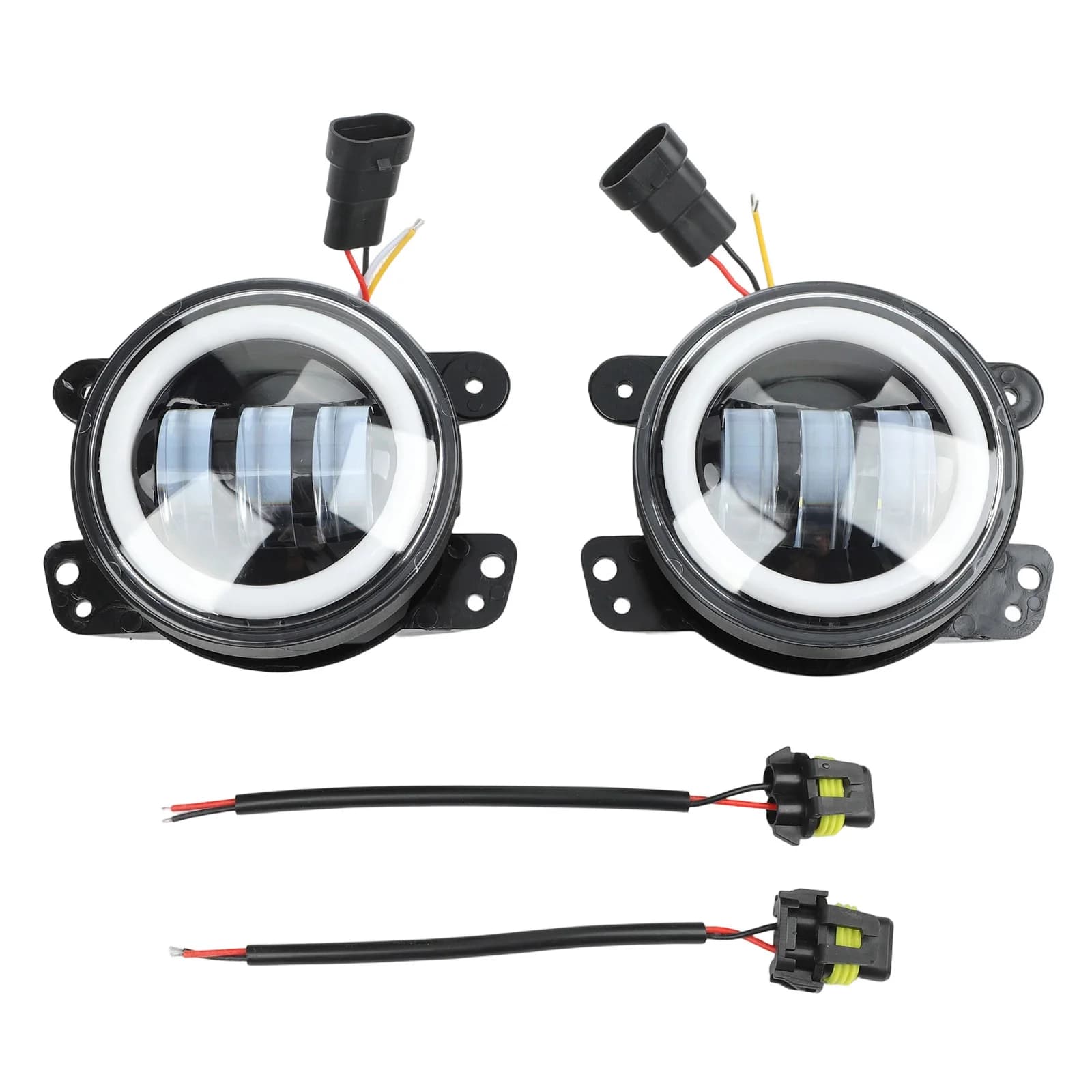 4 Inch LED Fog Light Pair Designed For Offroad Vehicle Headlight Systems With White Light And Yellow Ring Configuration