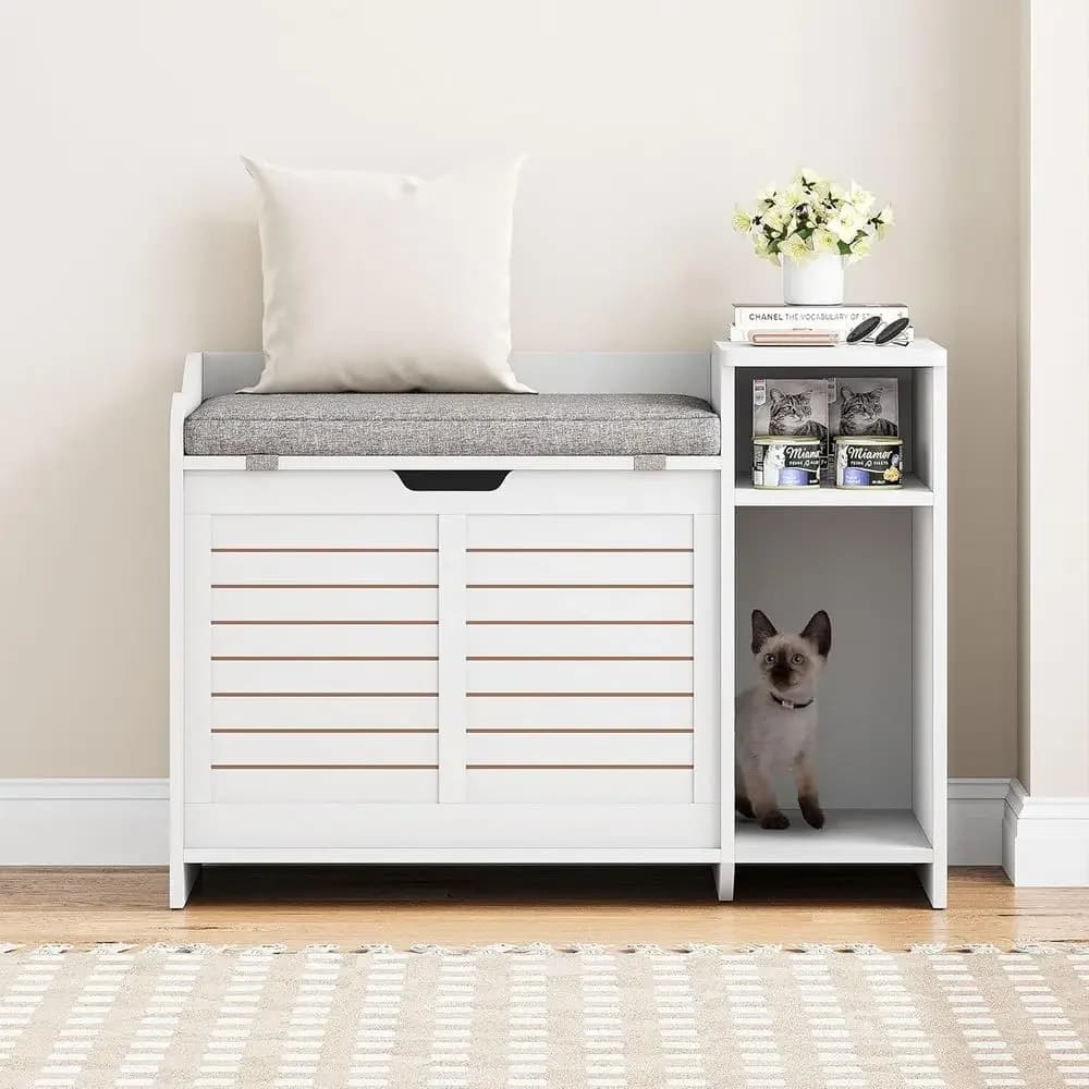Top-Opening White Cat Litter Enclosure with Cushion and Storage Cabinet
