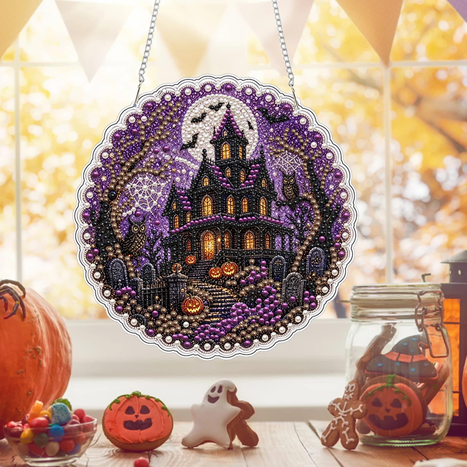 Diamond Painting Pendant DIY Kit 20cm Halloween Double-Sided Crystal Drill Hanging Window Decoration Ornament