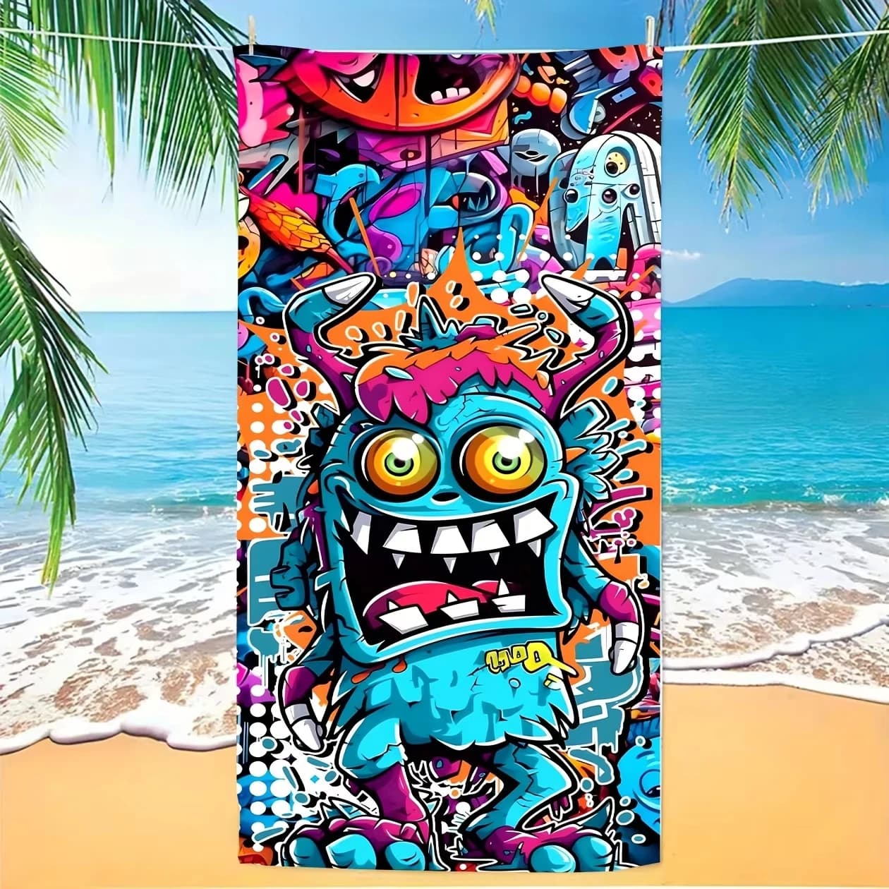 1 pz. Telo mare con stampa mostro graffiti vivace, ad asciugatura rapida, perfetto per viaggi estivi, feste in piscina, decorazioni per dormitorio