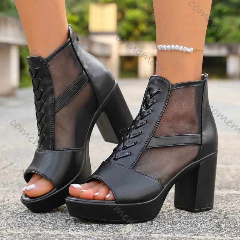 Stivaletti Donna con Plateau e Rete Traforata, Punta Aperta, Cerniera Posteriore, Tacco Grosso, Traspiranti, Estivi, Stile Streetwear, Botas Feminina