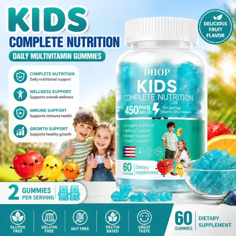 Gommose Multivitaminiche per Bambini con Vitamina D3, Integratore Alimentare Quotidiano, 60 Pezzi, Facili da Assumere, Gusto Frutta