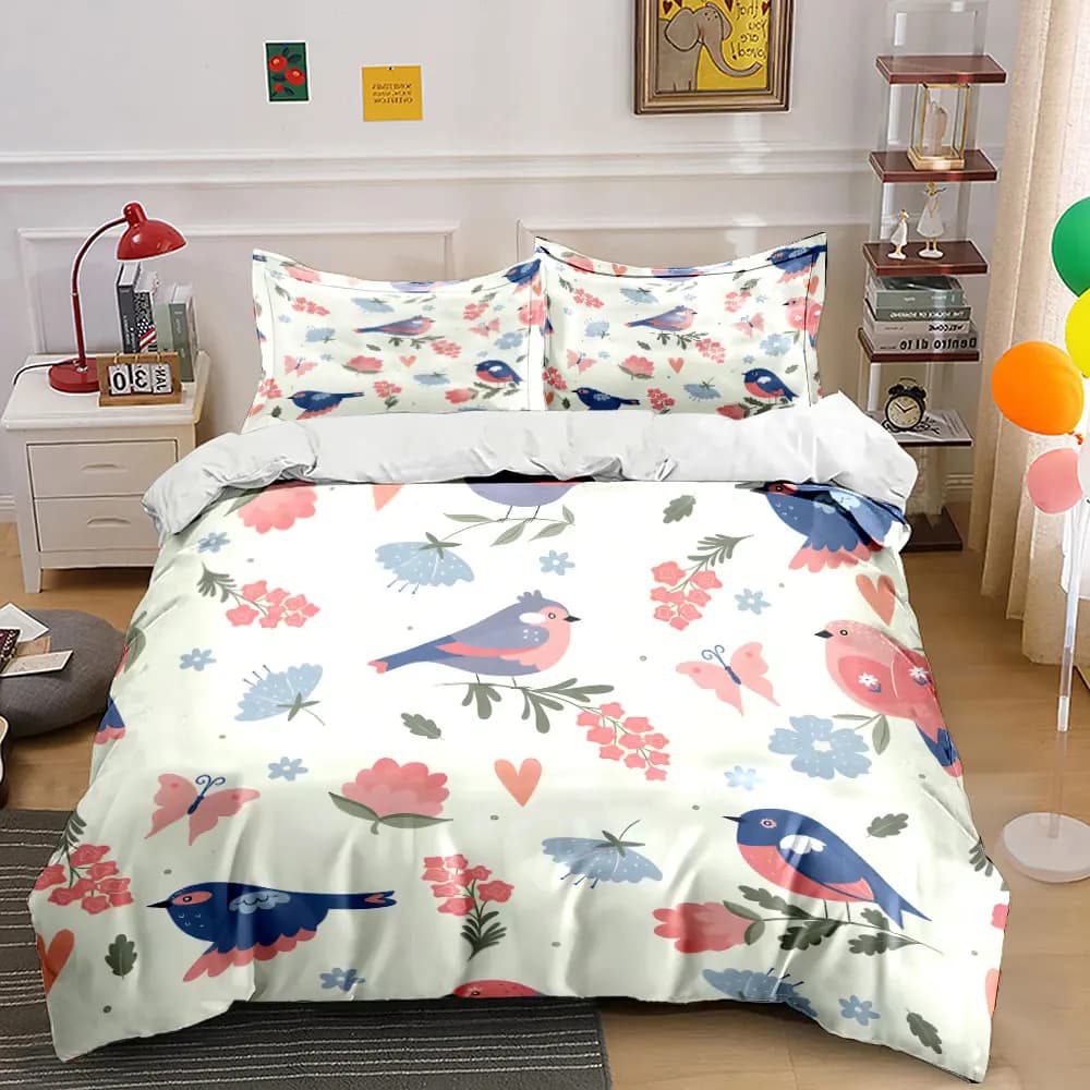 Set di biancheria da letto con stampa di uccelli dei cartoni animati e motivi floreali, 1 copripiumino, 2 federe per adulti e bambini, regalo di lusso, misura completa