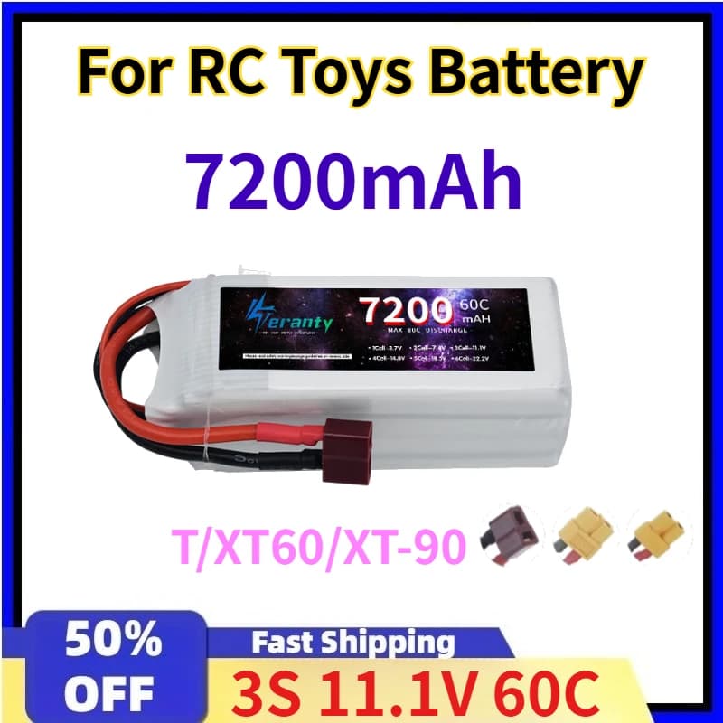 Batteria al Litio 7200mAh 3S 11.1V 60C per Elicottero Telecomandato, Drone FPV per Protezione delle Piante, con Connettore T/XT60/XT-90