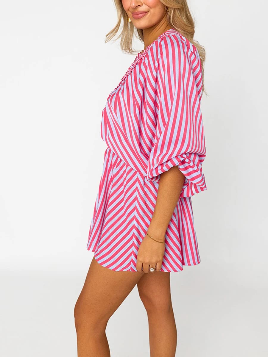 New Fashion Womens Summer Short Boho Jumpsuit Long Sleeve Deep V Neck Stripe Floral Print Playsuit Hot Sale S M L