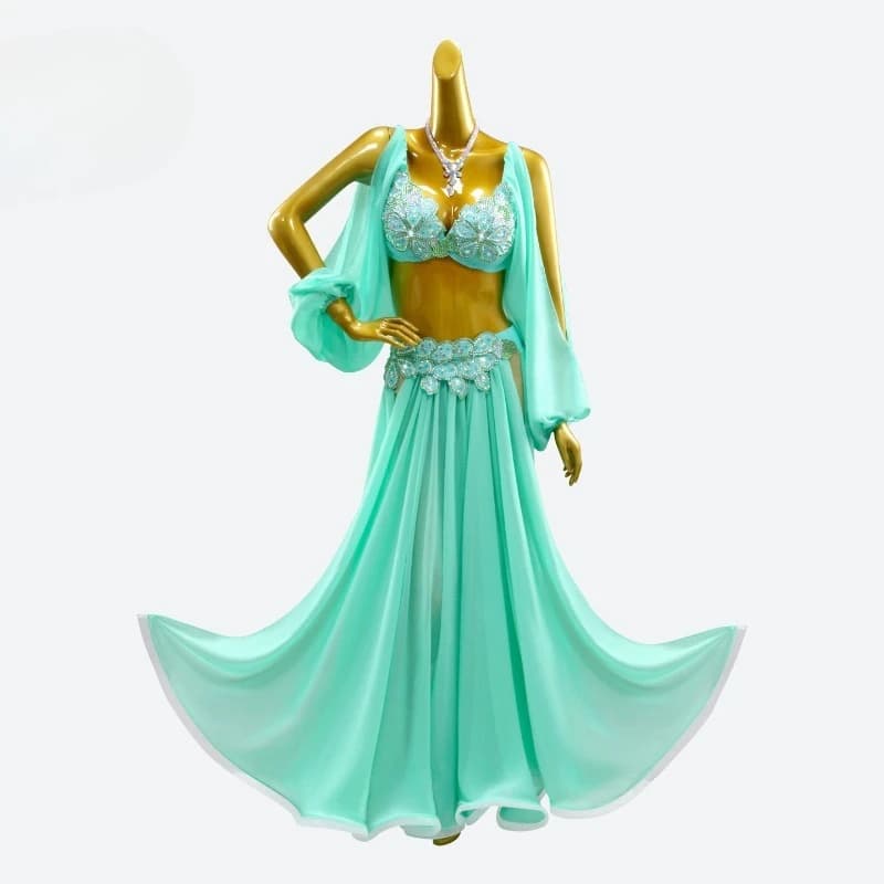 Professional Green Belly Dance Costume Stage Competition Performance Bra Skirt Customized Oriental Dancewear Set Women Clothing