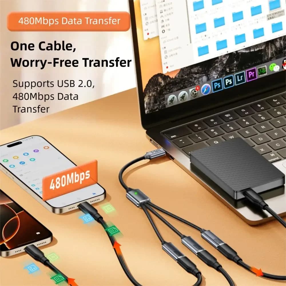 Sicuro con convertitore Splitter USB 3 in 1 Adattatore OTG per trasferimento dati da maschio a femmina Hub USB-C intrecciato in nylon da 480 Mbps per auto