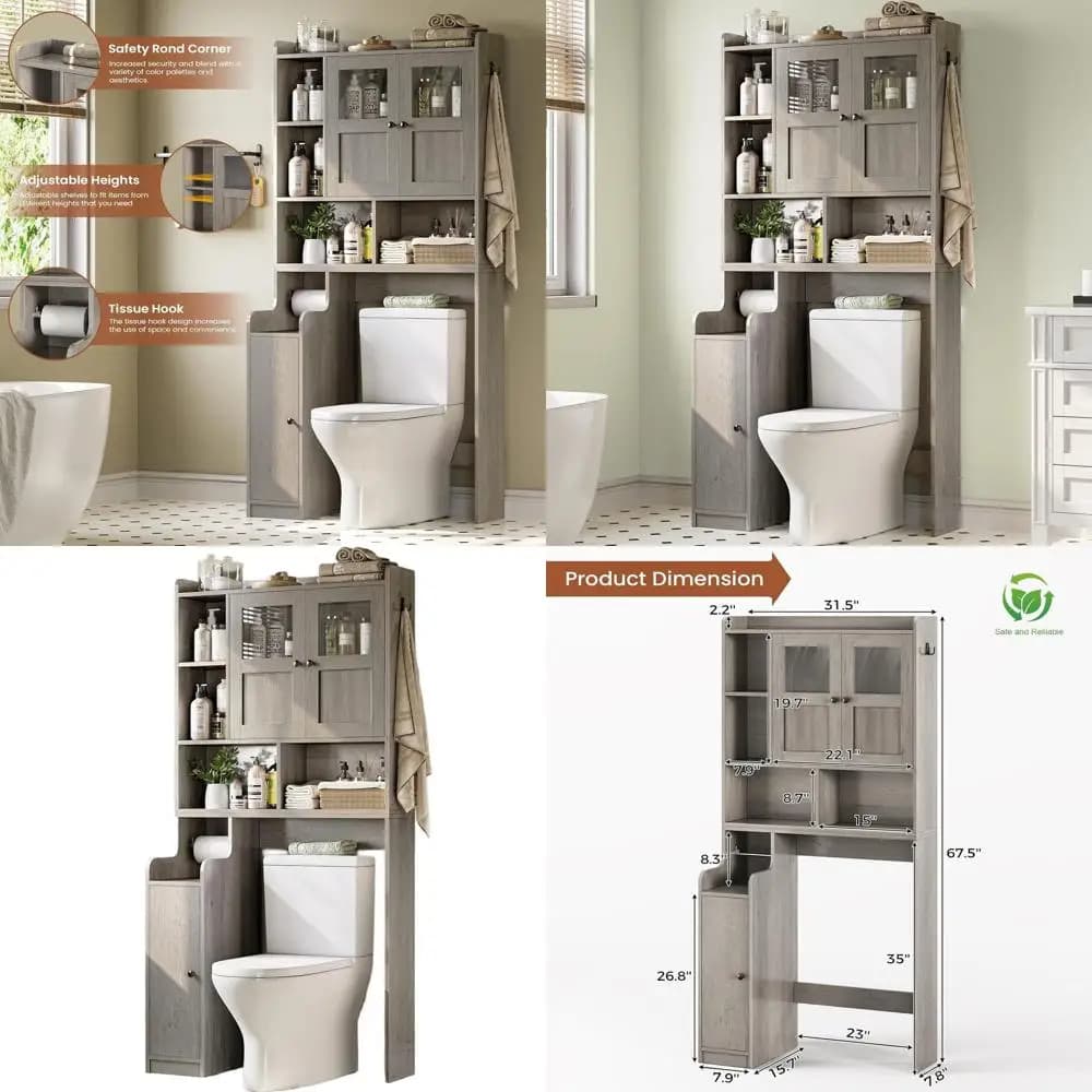Mobiletto Salvaspazio per Bagno con Porta in Vetro e Portarotolo, Grigio