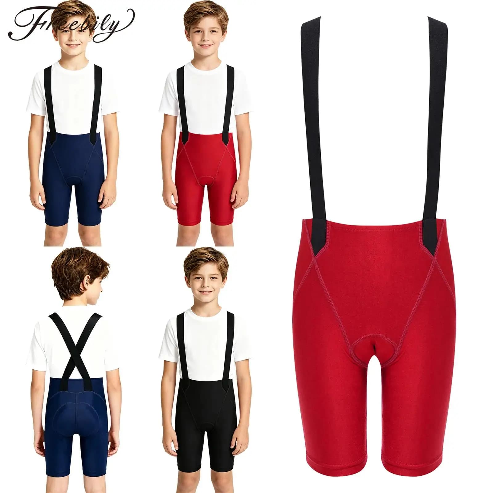 Pantaloncini da Ciclismo per Bambini e Ragazzi, ad Asciugatura Rapida, Imbottiti, con Bretelle Incrociate Elastiche
